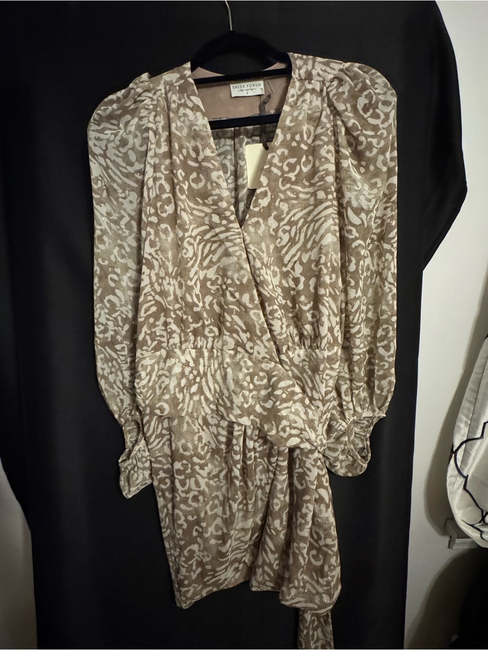 Dress Forum Taupe and Cream Animal-Print Long Sleeve Wrap Dress